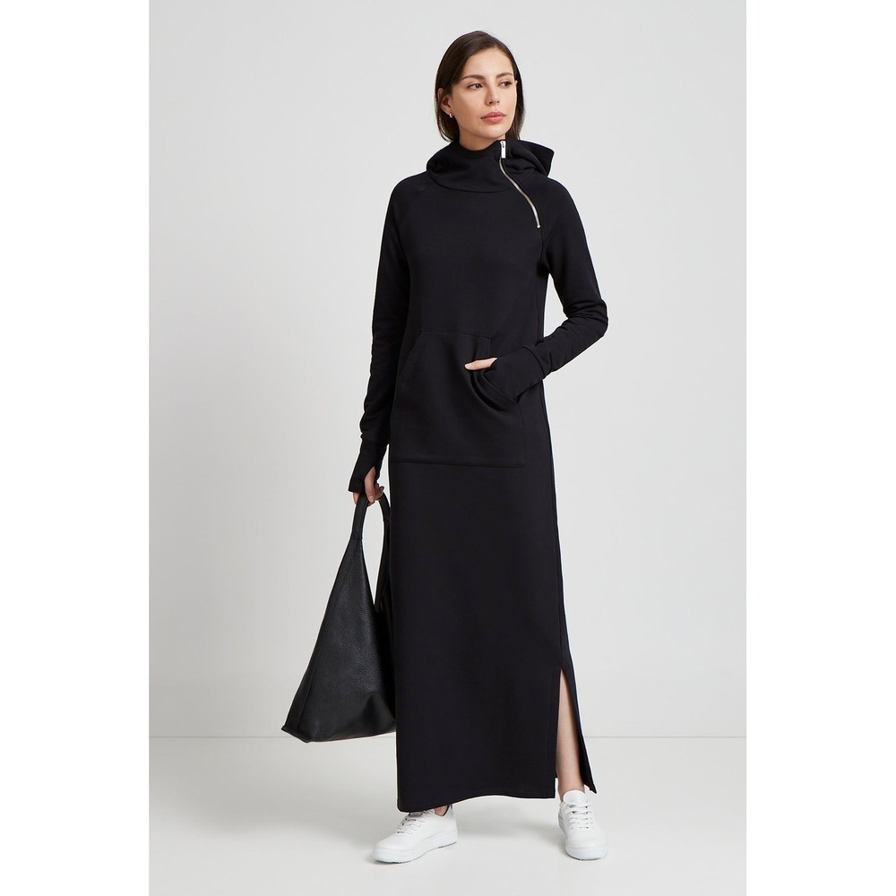 Marcella Tompkins Sweatshirt Dress Black Maxi Hooded Zip Neck Thumbhole XL NEW